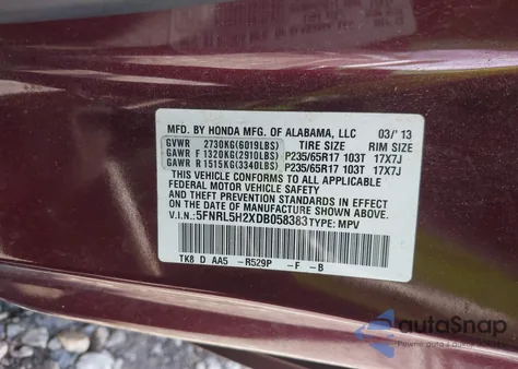 2013 Honda Odyssey Lx из США, поврежденный, VIN 5FNRL5H2XDB058383